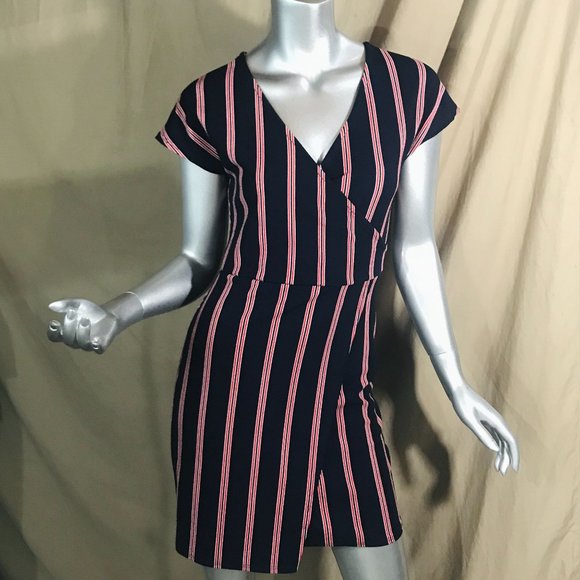 Rebel Sugar Women's Small Striped Blue Red Short Body-con Style Dress Faux Wrap - Picture 4 of 16